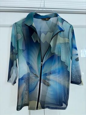 Akris Punto Blue and Teal Sheer Butterfly Mesh Zip Jacket